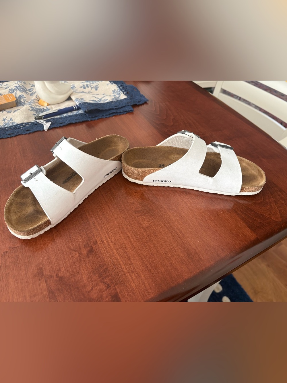Birkenstock Kids White Arizona Two-strap Sandals with Silver Buckles